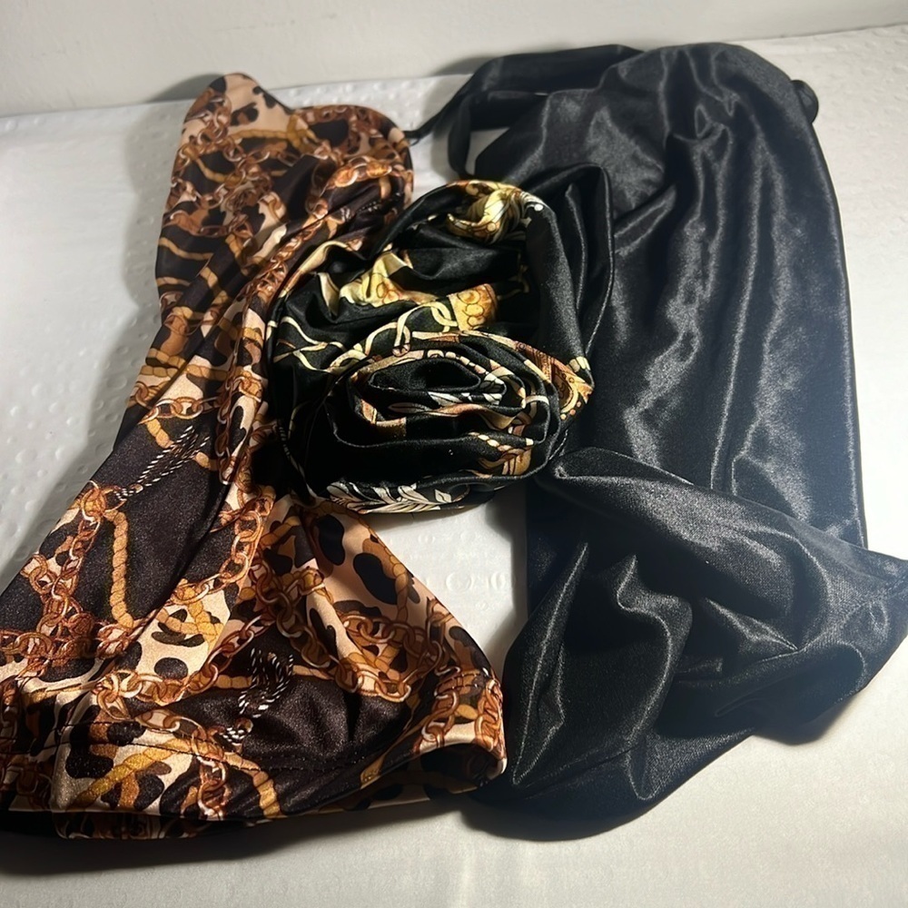 Set of 3 hair accesories includes black satin night cover to keep your hair nice